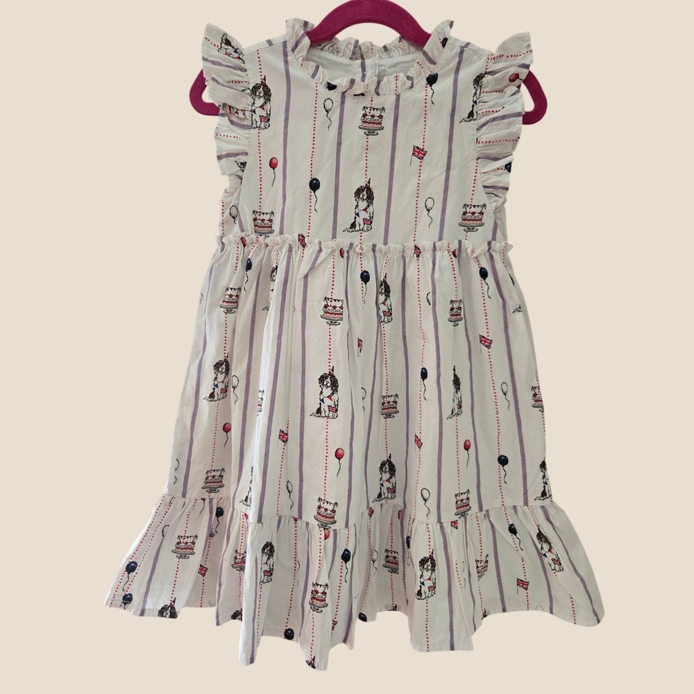 M&S Girls Ivory British Dog Cake Print Ruffle Dress Size 5-6 Years